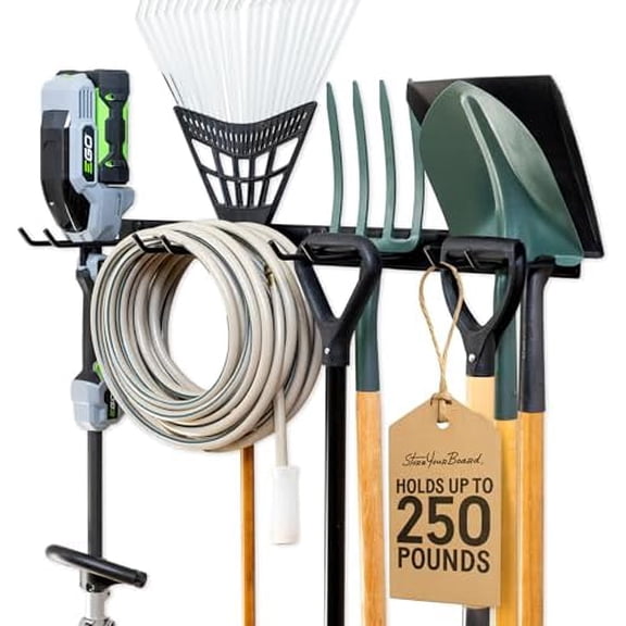 Wall-Mounted Rack With 4 Garage Hooks – Heavy-Duty Steel Holder Garage & Garden Storage for Shed, Workshop, or Home Organization – For Rakes, Shovels, Tools & More – 1 Pack, Black