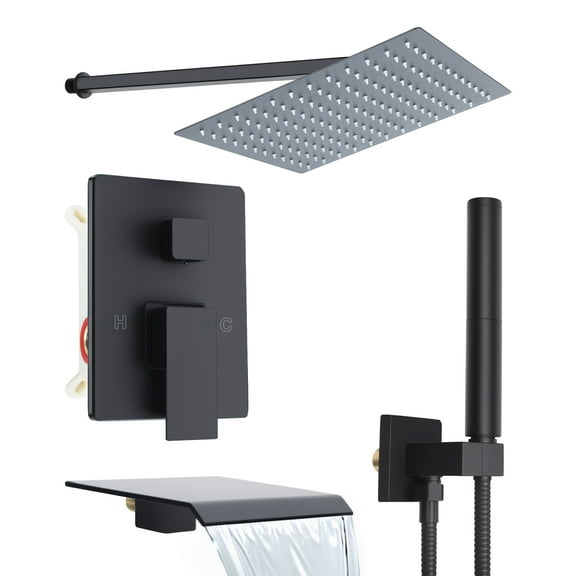 Wall Mounted Rain Shower System Set with Handheld Sprayer, 12 Inch Large Shower Head & Brass Valve, Adjustable Flow Shower Panel Tower for Bathroom Upgrade