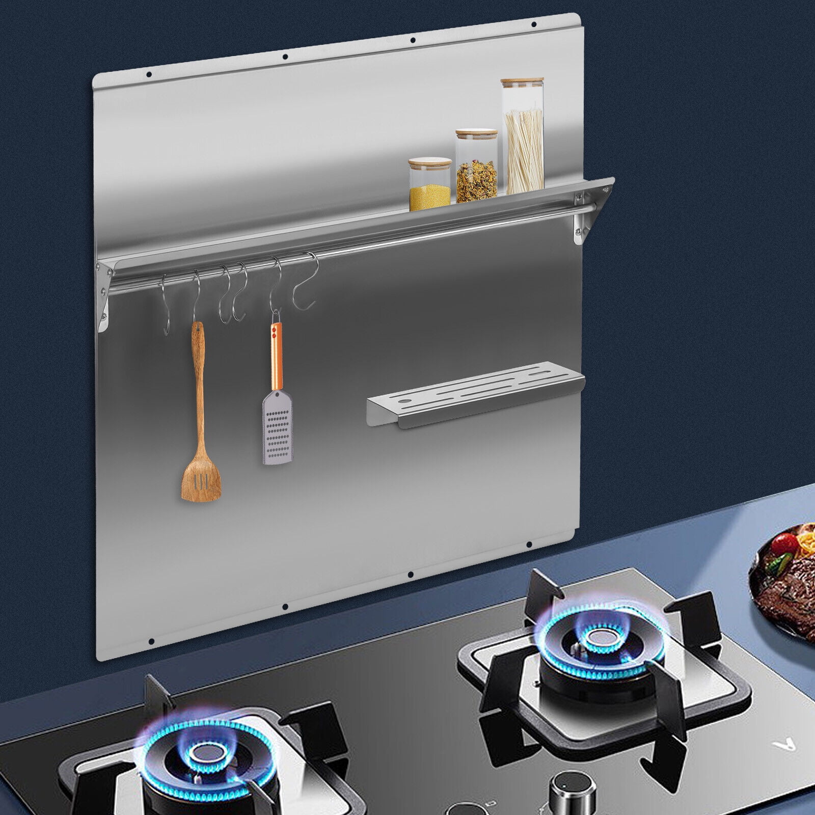 Wall-Mounted Range Backsplash with Storage Shelf & Knife Rack, 30kg Capacity, Stainless Steel, Modern Kitchen Organizer with Hooks & Easy Installation