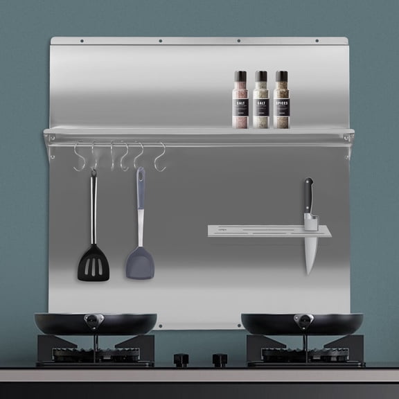 Wall-Mounted Range Backsplash with Storage Shelf & Knife Rack, 30kg Capacity, Stainless Steel, Modern Kitchen Organizer with Hooks & Easy Installation