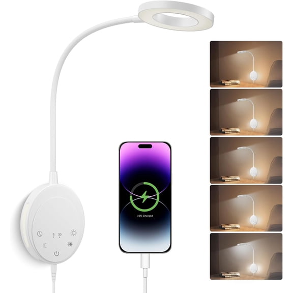 Wall Mounted Reading Light,Bedside Headboard Lights with 5 Color Temperature &5 Dimming,360?Flexible Gooseneck, Output, Night Light&Timer Function-  for Reading (White)