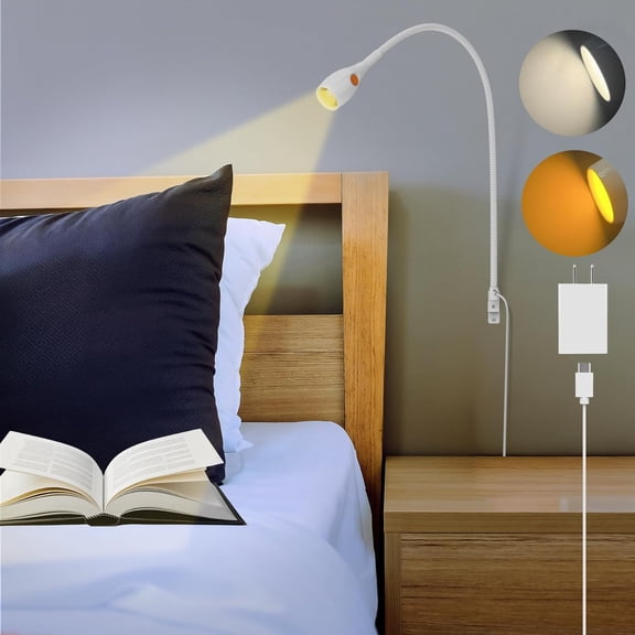 Wall Mounted Reading Light, Minimalist Headboard Mount Book Light, Dimmable LED with Lamp Head Switch Reading Lamp, USB-C Powered, CRI 95+ (4000K + Amber Nightlight) (Black)