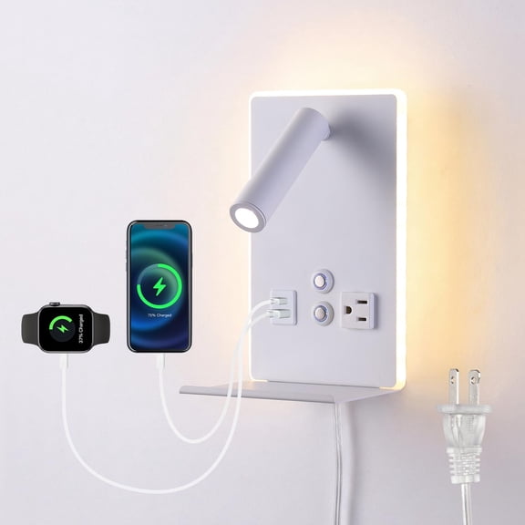 Wall Mounted Reading Light with Shelf - 3 Color Dimmable LED, 360 Adjustable Wall Lamp for Bedroom/Study, Touch Control (White)