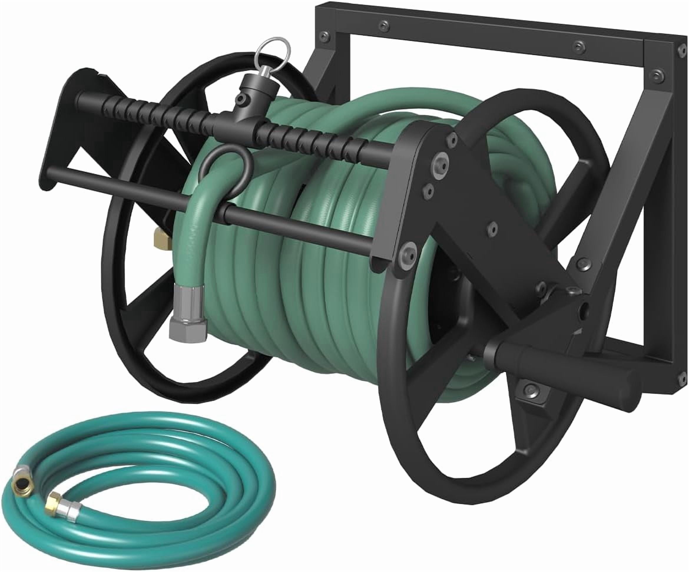 Wall Mounted Reciprocating Garden Hose Reel with Hose Guide, Outdoor Heavy Duty Metal Water Hose Holder Storage Rack Holds 125ft of 5/8'' Hose with Brass Fitting & 3.9ft Leader Hose, Black