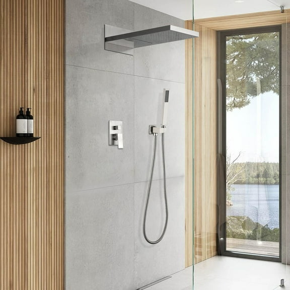 Wall Mounted Rectangle Waterfall & Rain Shower System With Handheld Shower,Wall Mounted Shower Valve Kit Shower System