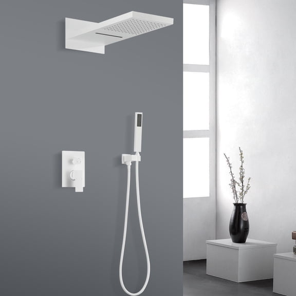 Wall Mounted Rectangle Waterfall & Rain Shower System With Handheld Shower,Wall Mounted Shower Valve Kit Shower System
