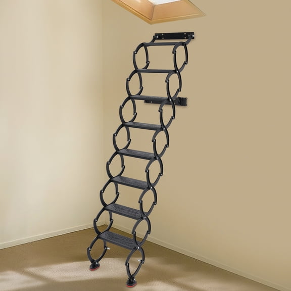 Wall-Mounted Retractable Folding Stairs, 8 Steps High Manganese Steel Attic Ladder with 440LBS Per Step Load Capacity, Black Electrostatic Spray Coated Collapsible Staircase