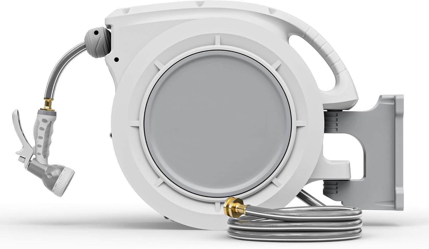 Wall Mounted Retractable Hose Reel,1/2" x 65ft Garden Hose with 9- Function Sprayer Nozzle,Any-Length Lock,Auto Rewind & Slow Return System,180? Swivel Bracket (Grey)