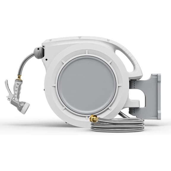 Wall Mounted Retractable Hose Reel,1/2" x 65ft Garden Hose with 9- Function Sprayer Nozzle,Any-Length Lock,Auto Rewind & Slow Return System,180? Swivel Bracket (Grey)