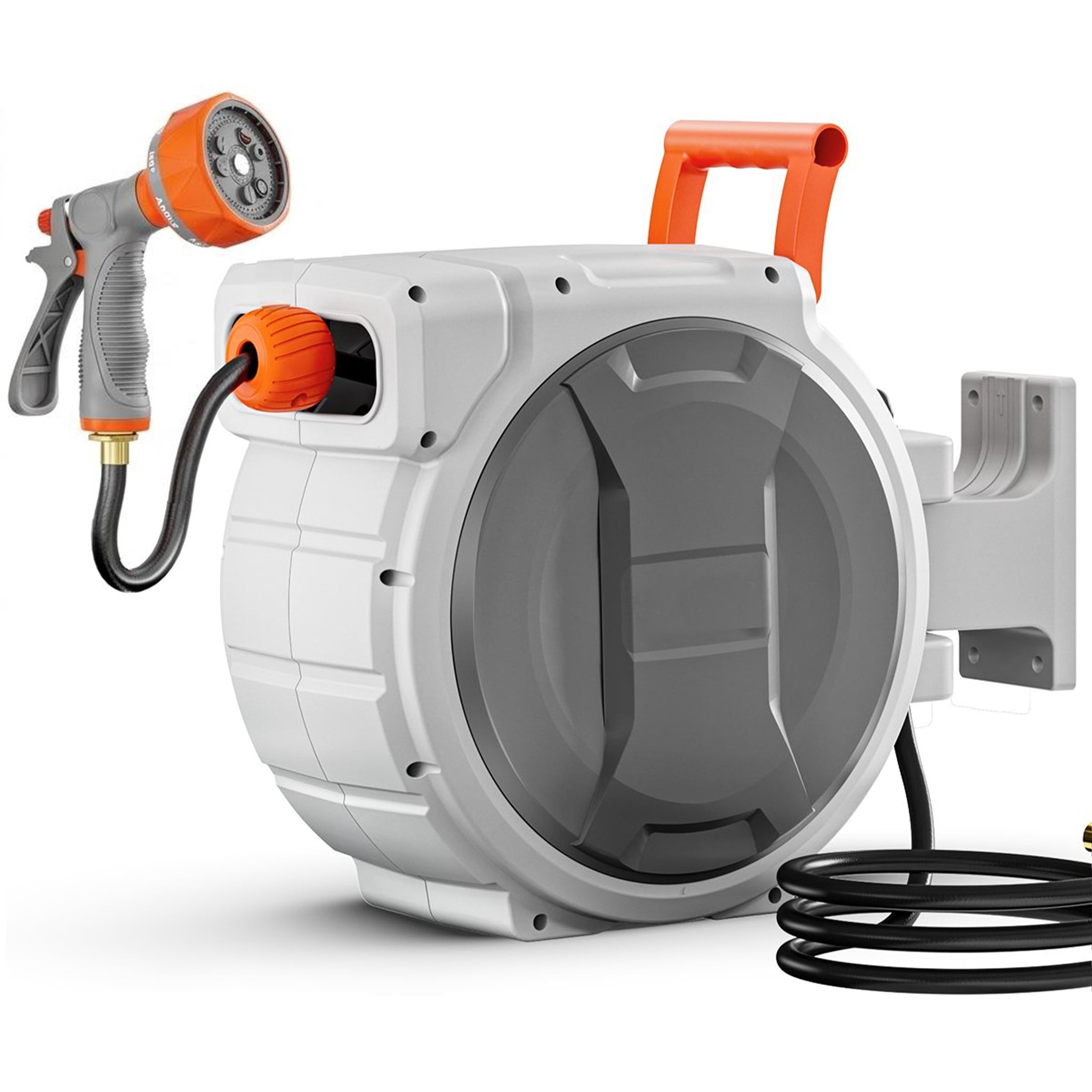 Wall Mounted Retractable Hose Reel with 180° Swivel, 65ft x 1/2" Hose and 9-Pattern Nozzle