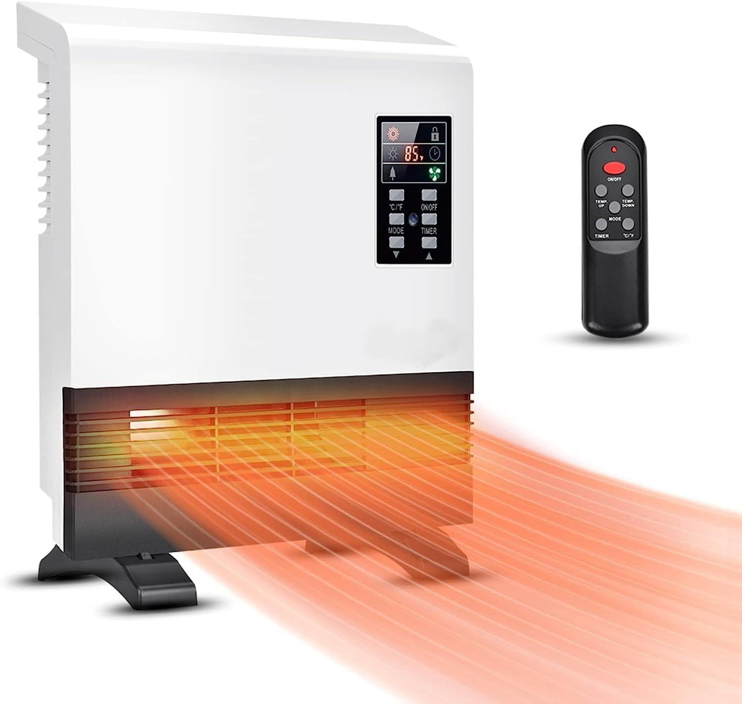 Wall Mounted Room Electric Heater with Standing Base, Energy Saving, Timer, 3 Modes, White