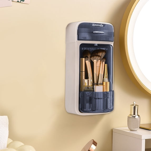 Wall-Mounted Rotating Organizer with Four Compartments and Drawer, Plastic Storage Rack for Makeup Brushes and Accessories, No-Drill Installation, Beige/Gray/Blue, 27.5x13x11cm