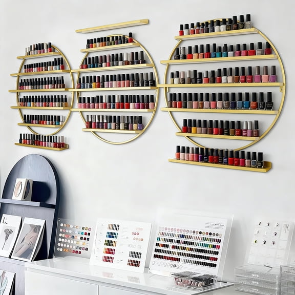 Wall Mounted Round Shape Nail Polish Storage Rack, Holder Display Stand for Nail Salon, Nail Polish Organizer, 6 Pcs in One(3 stands and 3 bars)