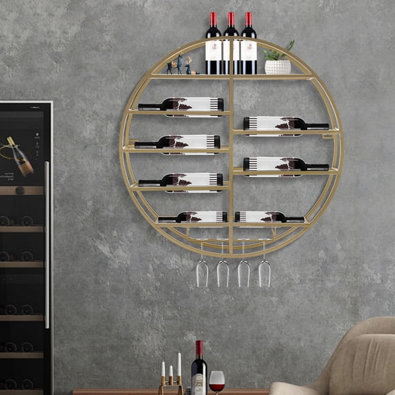 Wall Mounted Round Wine Rack, Open Design Wine Display Rack, Gold Wine Shelf with Glass Holder Decoration