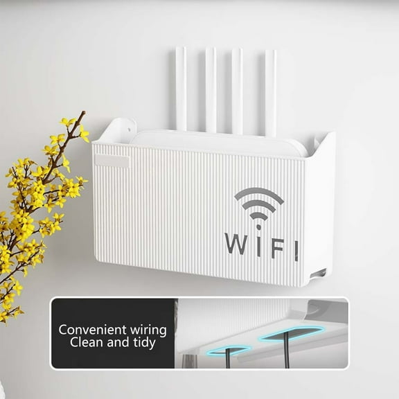 Wall-Mounted Router Organizer - No-Drill Storage Box for Modems, Chargers & Cables, White Slim Design