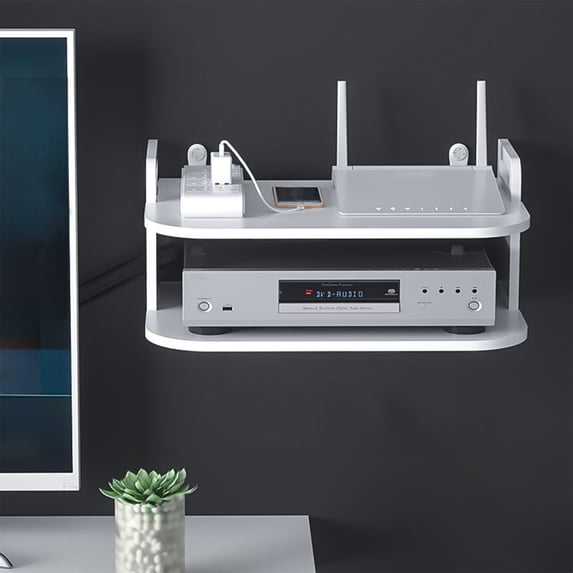 Wall Mounted Router Shelf WIFI Storage Box – No Hole Wood Rack, Living Room Bedroom Wall Organizer, White 30x19x15cm, Cable Concealment Storage