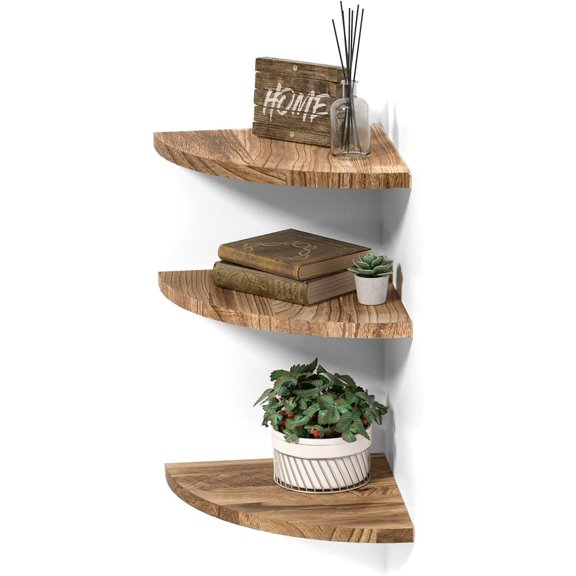 Wall Mounted Rustic Round Corner Shelf Storage Rack, Bookcase, Floating Shelves Decor for Bedroom, Living Room, Office and Kitchen, Set of 3 (Round )