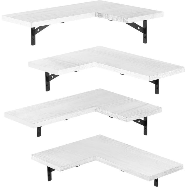 Wall Mounted Rustic White Wood Wall Shelves, Set of 4 Corner Floating Shelves