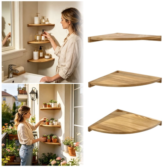 Wall Mounted Rustic Wood Corner Shelf, Set of 3 Round Edge Floating Shelves for Bedroom Living Room Office, Storage Rack for Kitchen and Bathroom, Home Decor Shelves with Hanging Hole