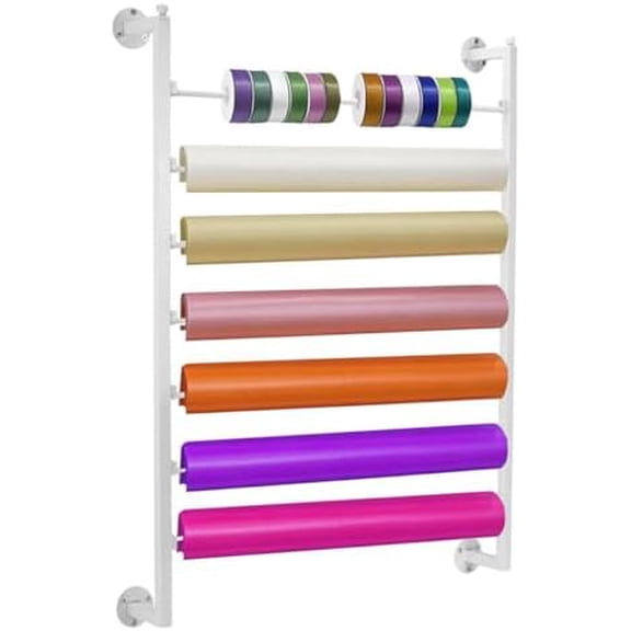 Wall Mounted Scarf Holder, Ribbon Storage Organizer, Tie Silk Towel Organiser, Multi-functional Metal Shelf, 7 Tier Metal Bow Organiser,White Ribbon Holder for Craft Rooms, Flower Shops, Offices