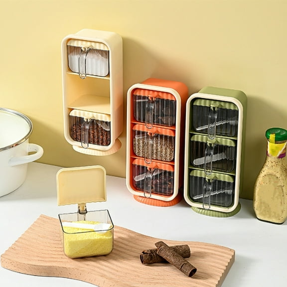 Wall Mounted Seasoning Box with Spoon | 3-Compartment Spice Rack Organizer | Waterproof Flip-Top Plastic Storage Jar Set | Easy Install, No-Drill, Airtight, Detachable, Beige/Green/Orange, 24x10.5cm