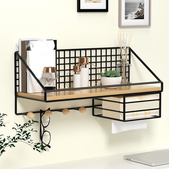 Wall Mounted Shelf No Drill Installation, Adhesive Metal Organizer Rack for Bedroom Kitchen Bathroom, Multi-Purpose Storage Shelf with Hooks, Holds up to 11 lbs