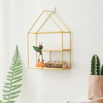 Wall Mounted Shelf, Home Storage Rack, No Drill Wall Decor Storage for Living Room and Bedroom, Iron Frame Solid Wood Shelves Double Layer Geometric House Shape