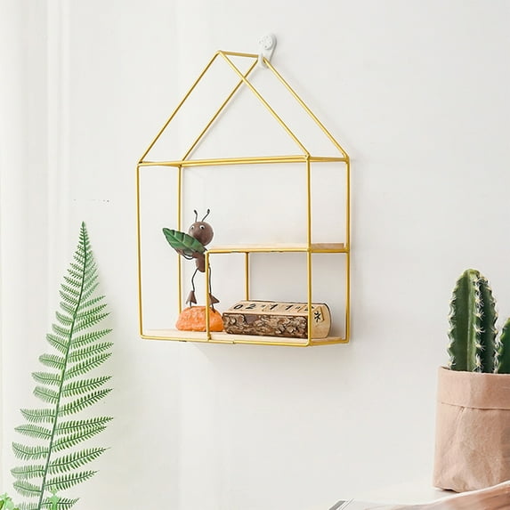 Wall Mounted Shelf, Home Storage Rack, No Drill Wall Decor Storage for Living Room and Bedroom, Iron Frame Solid Wood Shelves Double Layer Geometric House Shape