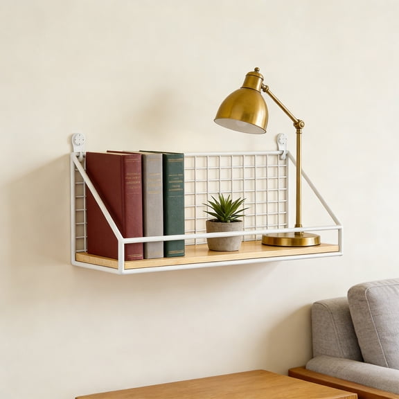 Wall Mounted Shelf with Iron Mesh Rail, No-Drill Timber Panel Hanging Organizer, Circulate Storage Rack for Bedroom, Dorm, Kitchen, and Living Room Appearance