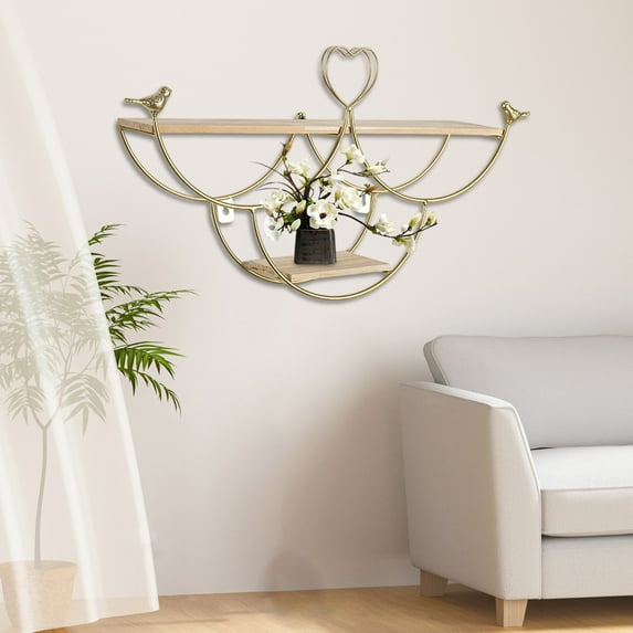 Wall Mounted Shelf with Lights, No Drill Floating Shelves for Living Room Storage, Metal Wall Decor with Hooks for Home Organization