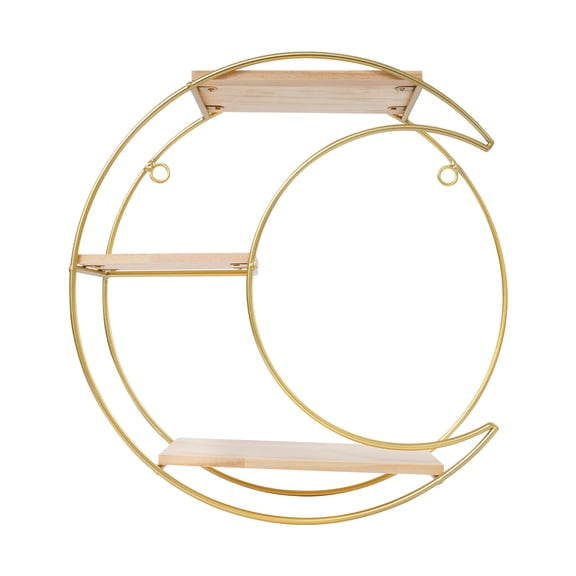 Wall Mounted Shelves, 3-Pack Irregular Moon Shape Floating Shelves, Gold, Iron & Pine Wood, 3-Tier Decorative Storage, for Books Decor