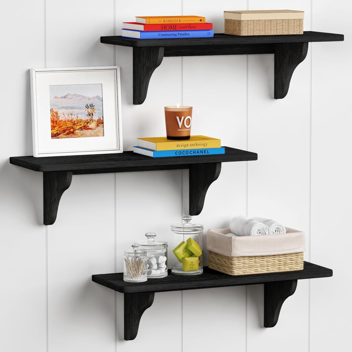 Wall Mounted Shelves for Bedroom 24 Inches Long, 8 Inch Deep Floating Shelves for Wall, Large Hanging Arched Shelf for Kids Bathroom Living Room Office Decor Plants Books (3-Pack, Black)