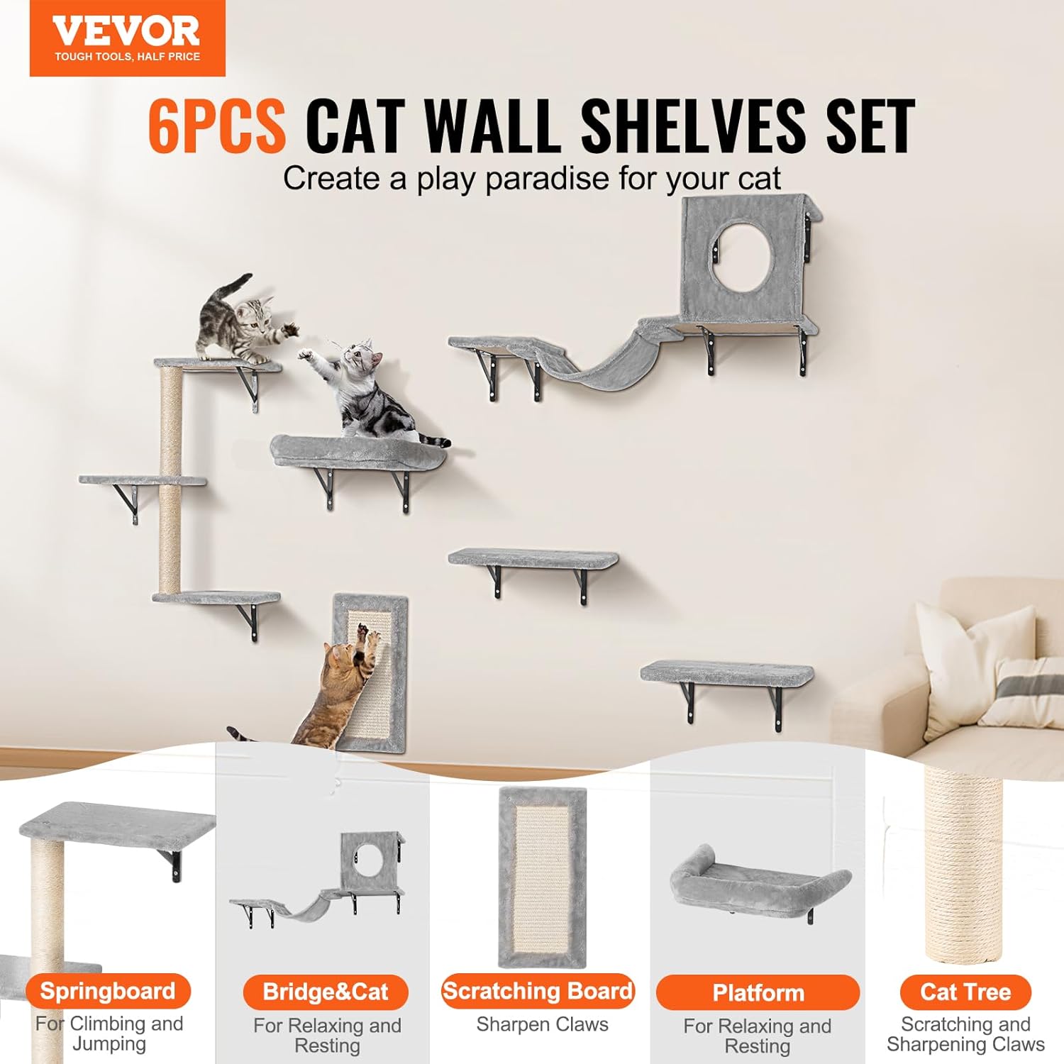 Wall Mounted  Shelves Set of 6 with Jumping Boards Hammock Sofa for Climbing Playing Sleeping  to 40 lbs