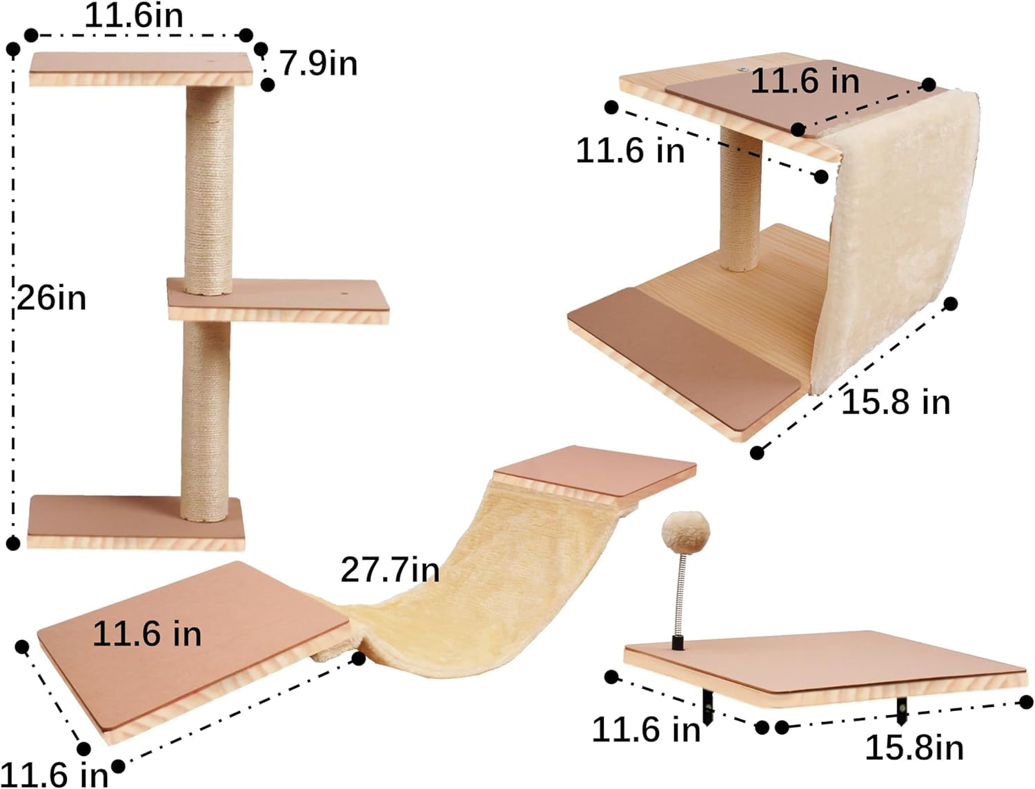 Wall Mounted  Shelves Set with Scratching Post, Hammock and Steps for Small Medium Cats - Beige Solid Wood Climbing Furniture