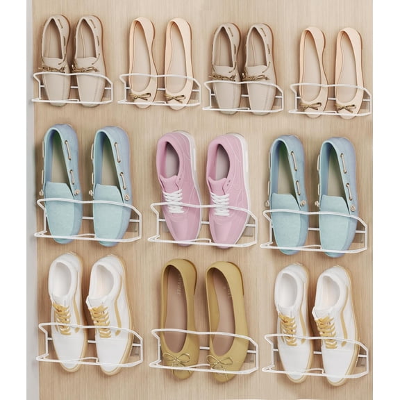 Wall-Mounted Shoe Rack (10-Pack) with Adhesive Strips and Mounting Hardware  White, Carbon Steel, Space-Saving