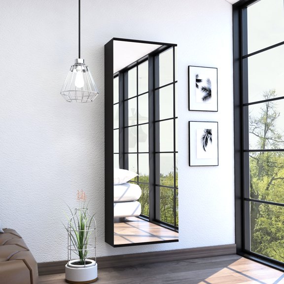 Wall Mounted Shoe Rack With Mirror, Single Door, Fits 10 Shoes - Black Convenient Holds