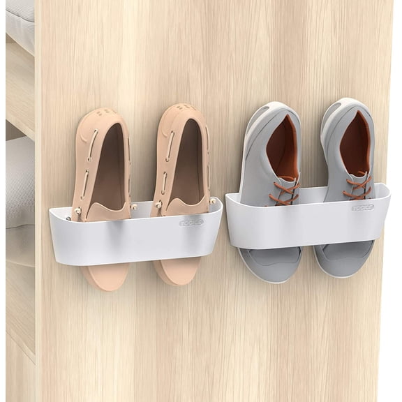 Wall Mounted Shoes Rack 2Pack with Sticky Hanging Strips, Plastic Shoes Holder Storage Organizer,Door Shoe Hangers (SM03-White-2)
