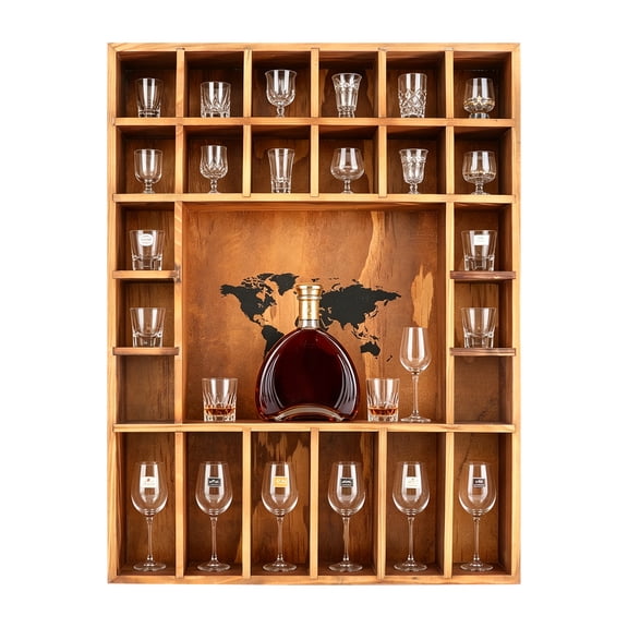 Wall-Mounted Shot Glass Display Case with World Map, Vintage Solid Wood Shotglass Holder, Holds 60 Cups for Bar Home Decor