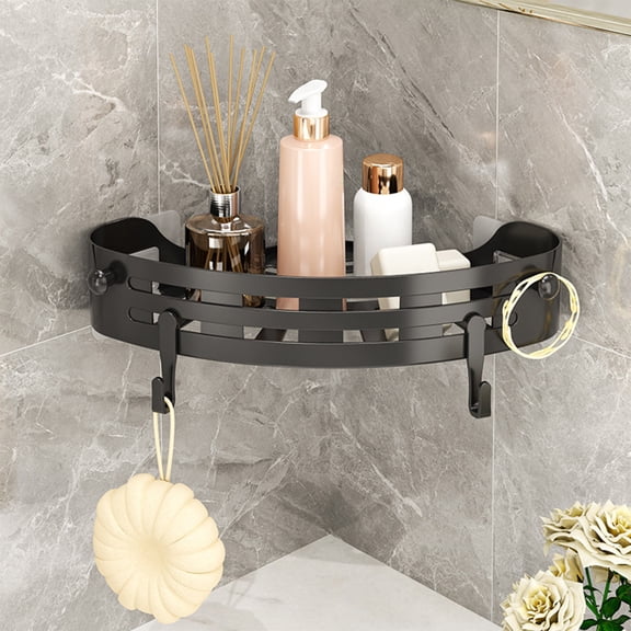 Wall Mounted Shower Caddy Corner Shelf - Bathroom Storage Organizer Basket with Hooks for Hanging, Polypropylene Shower Corner Rack for Toiletries, Soap, Shampoo - Space Saving Organizer for Bathroom