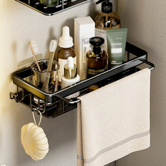 Wall Mounted Shower Caddy Shelf Organizer | Rustproof Aluminum Storage Rack with Hooks | No Drilling Adhesive Mount for Bathroom & Kitchen | Black