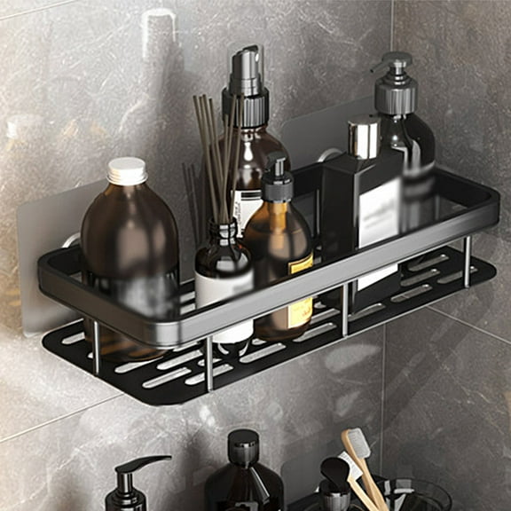 Wall Mounted Shower Caddy Shelf Organizer | Rustproof Aluminum Storage Rack with Hooks | No Drilling Adhesive Mount for Bathroom & Kitchen | Black