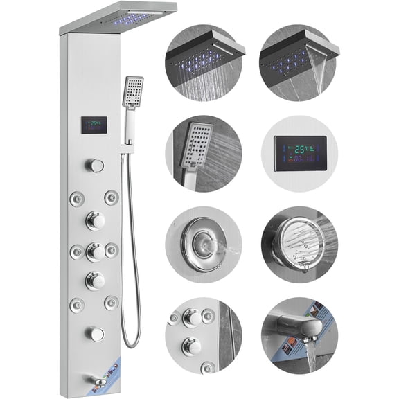 Wall-Mounted Shower Panel System with 6 Modes, LED Screen, Rainfall&8 Jets, Stainless Steel Shower Tower with Handheld and Tub Spout