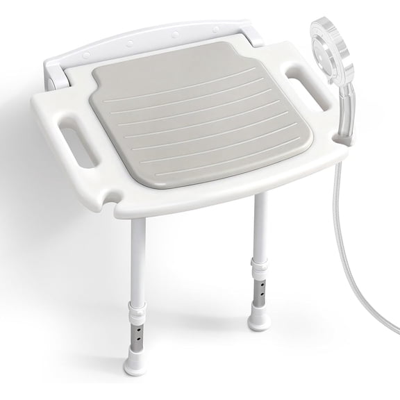 Wall Mounted Shower Seat with Arms, 2mm Thick Aluminum Frame Supports 550lbs, Folding Shower Chair with Memory Foam Cushion, 8 Adjustable Heights, Fold Down Bathroom Bench for Seniors & Disabled