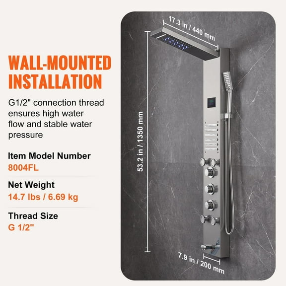 Wall-Mounted Shower Set with 6 Modes - Rainfall, Waterfall, 5 Jets, Handheld, LED Screen, Hydroelectric Power