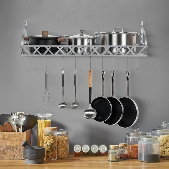 Wall Mounted Silver-Tone Metal Kitchen Pot and Pan Rack with 12 Removable S-Hooks, Hanging Cookware & Utensil Storage,  for Spices and Condiments