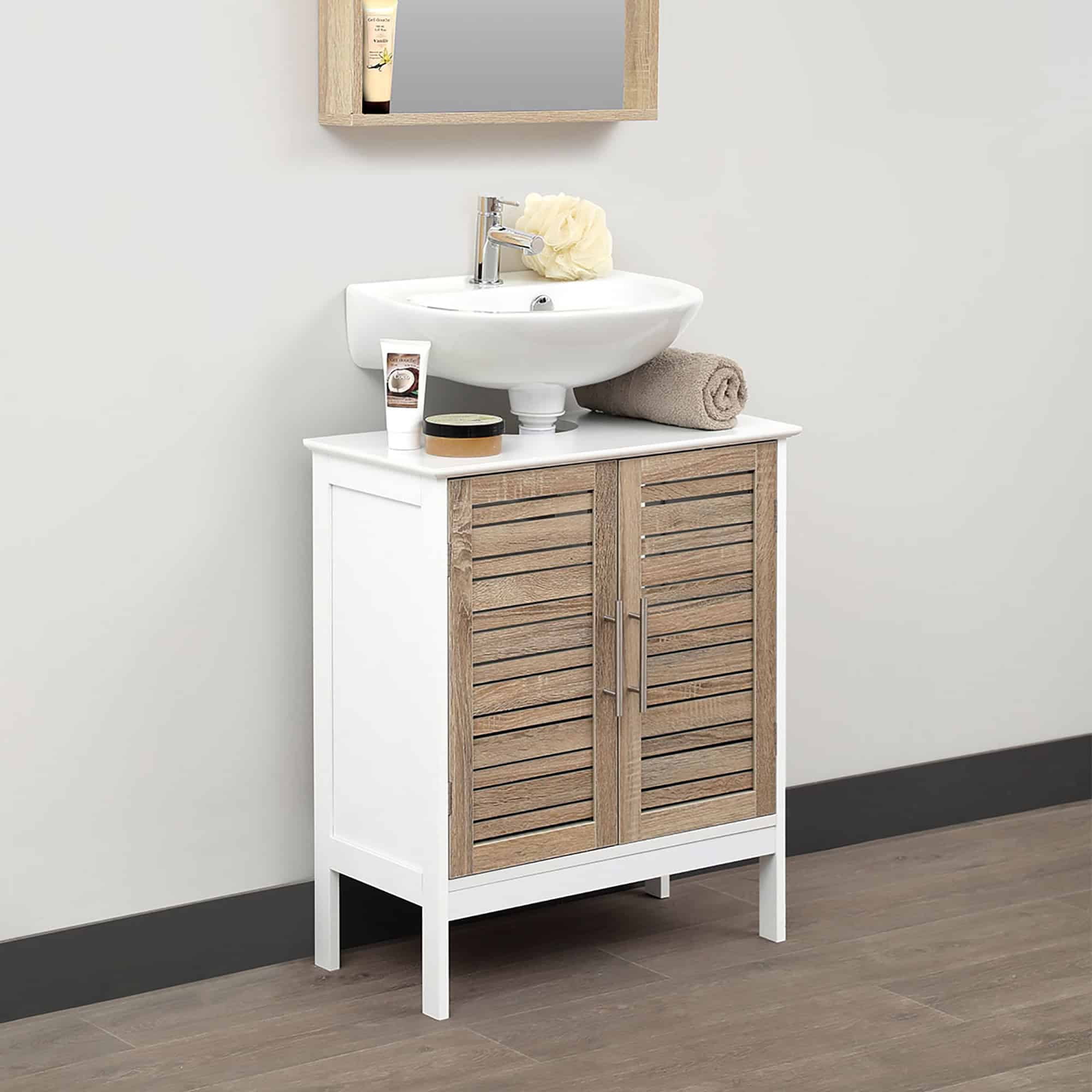 Stockholm Brown Oak Freestanding Bathroom Vanity Cabinet with Louvered Doors