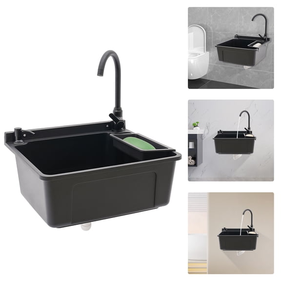 Wall-Mounted Sink, Plastic Laundry Sink with Soap Box, Utility Tub Sink with Rotatable Hot And Cold Faucet, Rectangular Wall Mount Laundry Tub Wash Station for Laundry, Bathrooms, Garages (Black)