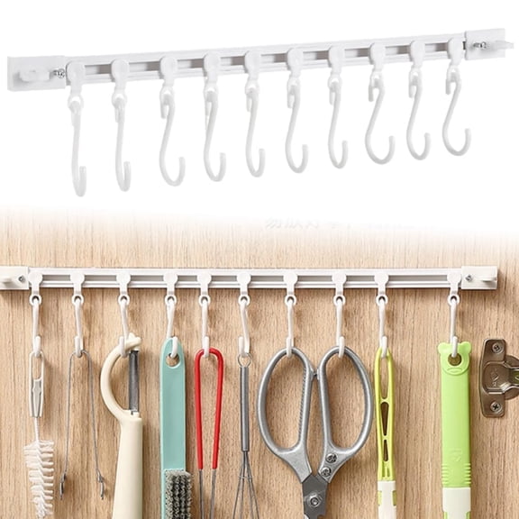 Wall-Mounted Sliding Hooks Self-Adhesive Track Row Hooks 1Pc Track Row Hooks Rail with 10 S-Hooks for Kitchen Bathroom,15.75 inch,Topboutique
