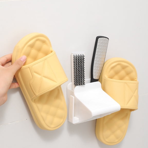 Wall Mounted Slipper Organizer with Foot Pedal | Plastic Shoe Hook Rack for Bathroom, Shower & Laundry Room | Space-Saving Storage for RV, Dorm & Small Apartments | Includes Brush Holder