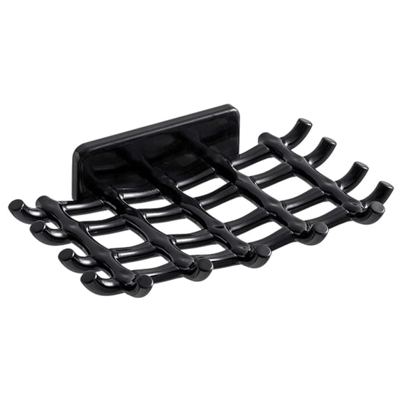 Wall Mounted Soap Holder Adhesive Hollow Open Work Single Piece Bar Soap Storage Rack in Black with Side Hooks for Bathroom Shower Kitchen Countertop Mount on Smooth Flat Surfaces